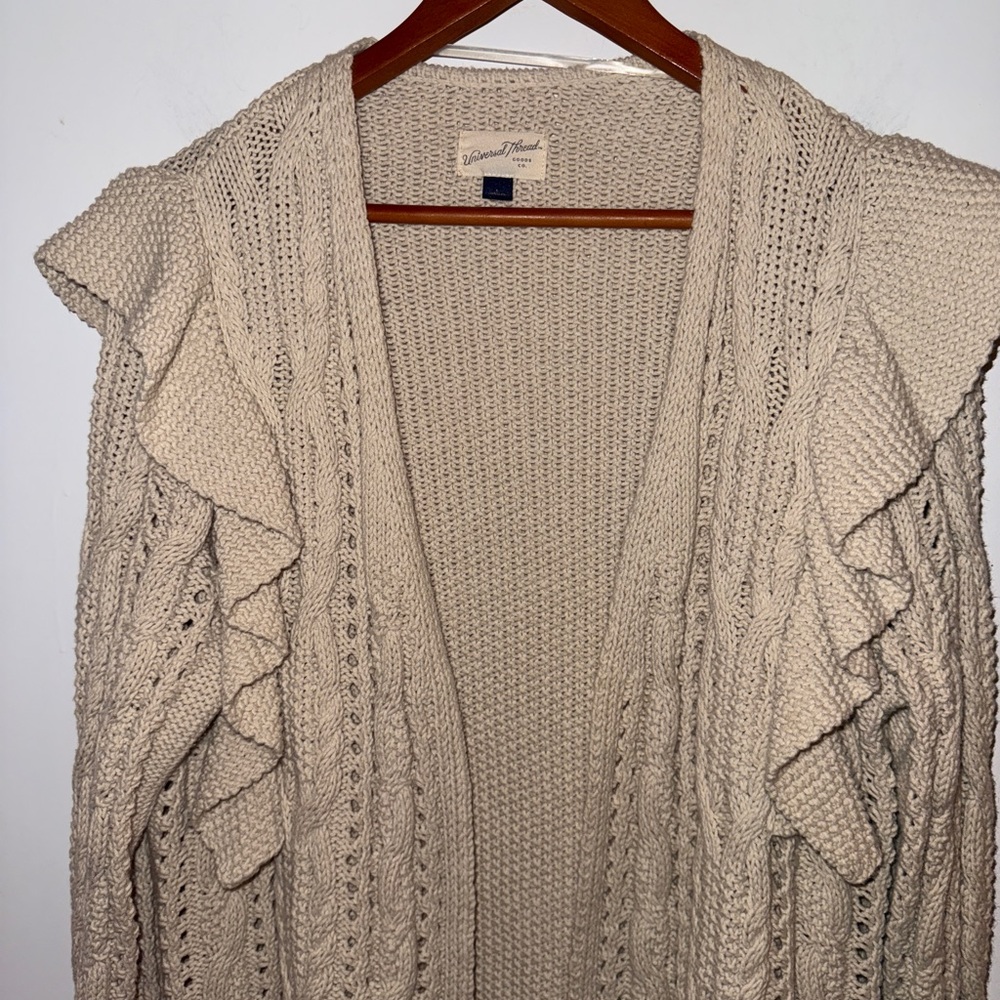 Universal Thread Cream Ruffle Open-Front Cable Knit Cardigan Size L 🤍 - Picture 8 of 15